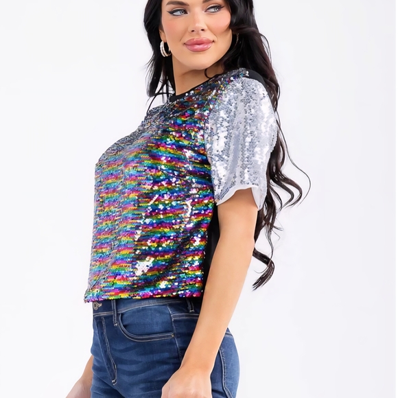 CH6 NWT Strut & Bolt 2 Way Sequin Silver and Multicolor Crop Top Sm Md Lg - Picture 2 of 9
